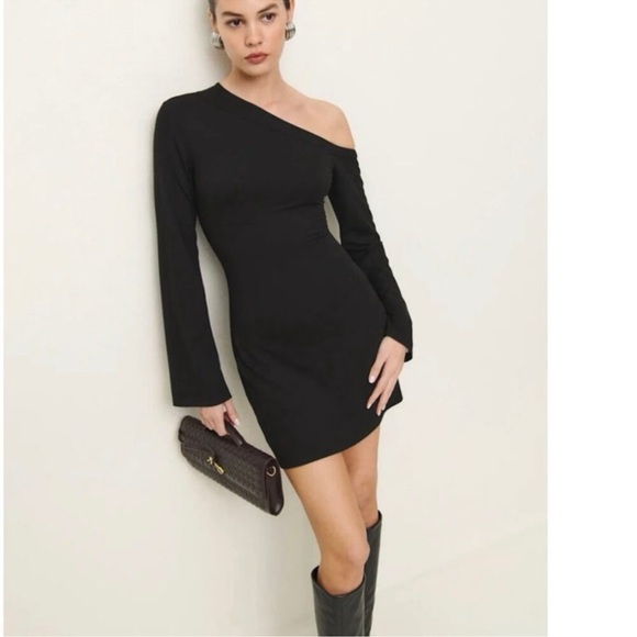 Reformation Dresses | Black Willow One-Shoulder Knit Dress Size Large - Picture 2 of 6